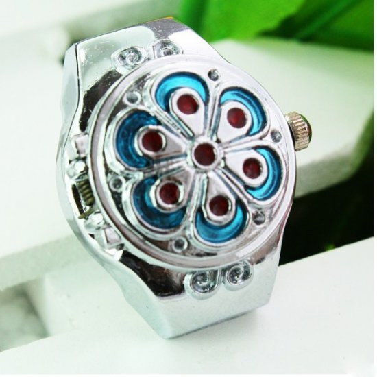 New Fashionable Blue Flower Finger Elastic Ring Watch - Click Image to Close