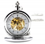 Silvertone Brass Skeleton Pocket Watch Mechanical Hand Wind Roman Numerals Full Silvertone Brass Skeleton Pocket Watch Mechanical Hand Wind Roman Numerals Full