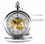 Silvertone Brass Skeleton Pocket Watch Mechanical Hand Wind Roman Numerals Full