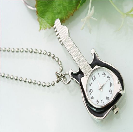 Fashion Stylish Silver Guitar Pendant Watch Necklace - Click Image to Close
