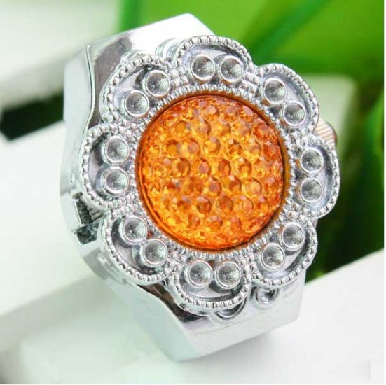 New Orange Deco Flower Rhinestones Finger Elastic Ring Watch - Click Image to Close