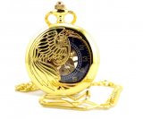 Golden Brass Skeleton Pocket Watch Chain Mechanical Hand Wind Half Hunter Steamp