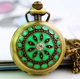 Decorative pendant pocket watch with green metal cover inner mirror
