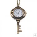 Pocket Watch Pendant - Antiqued Brass Quartz Motion - Key W/ Chain - 56x32mm