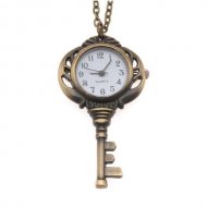 Pocket Watch Pendant - Antiqued Brass Quartz Motion - Key W/ Chain - 56x32mm