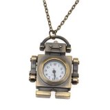 Pocket Watch Pendant - Antiqued Brass Quartz Motion - Robot With Chain - 40x33mm