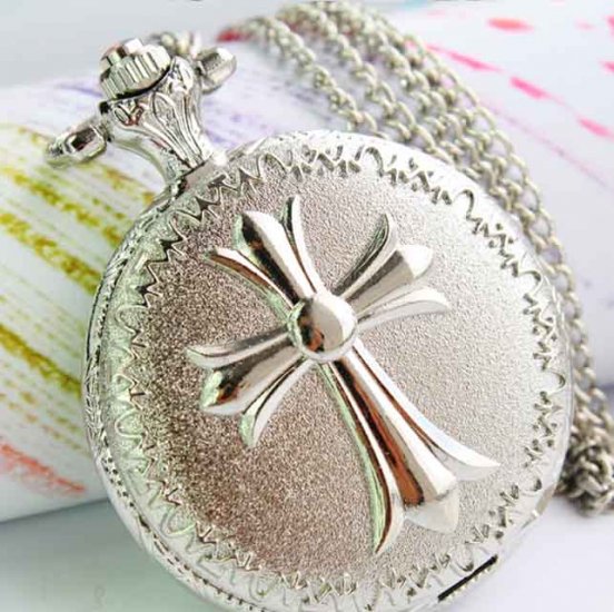 Metal silver cross classic pendant pocket watch - Click Image to Close