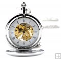 Silvertone Brass Skeleton Pocket Watch Mechanical Hand Wind Roman Numerals Full