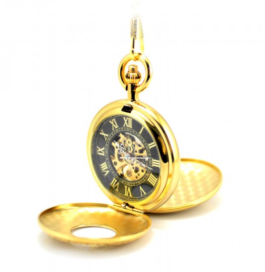 Skeleton Pocket Watch Mechanical Movement Hand Wind Roman Numerals Full Hunter G - Click Image to Close