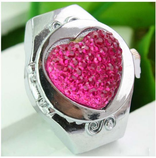 Fashion Heart Love Rhinestone Finger Elastic Ring Watch - Click Image to Close
