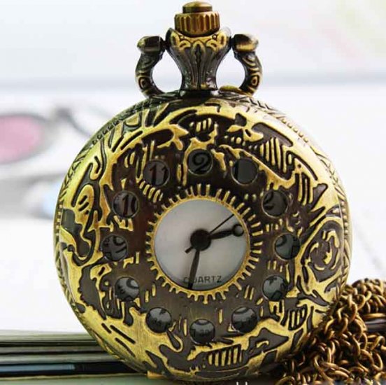 Classical brass hollow flower stripe pocket watch - Click Image to Close