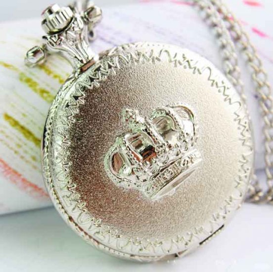 Antique silver crown cover classic pocket watch necklace - Click Image to Close