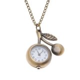 Pocket Watch Pendant - Antiqued Brass Quartz Motion - Cherry W/ Chain - 40x33mm