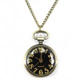 Pocket Watch Pendant - Black Dial Rotundity Pattern Case Antique Style Delicate