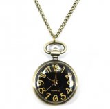 Pocket Watch Pendant - Black Dial Rotundity Pattern Case Antique Style Delicate