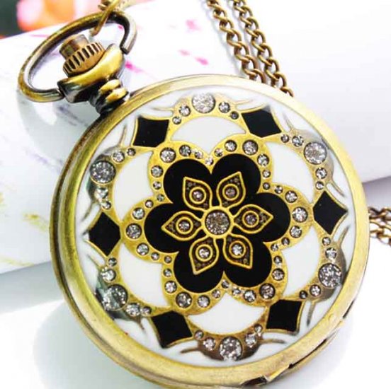 Charming Rhinestone Pocket Watch with Beautiful Flower Design - Click Image to Close