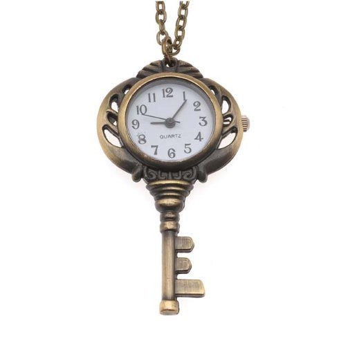 Pocket Watch Pendant - Antiqued Brass Quartz Motion - Key W/ Chain - 56x32mm - Click Image to Close