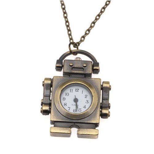 Pocket Watch Pendant - Antiqued Brass Quartz Motion - Robot With Chain - 40x33mm - Click Image to Close