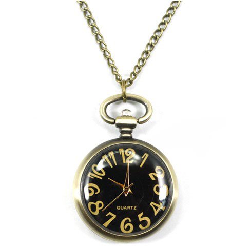 Pocket Watch Pendant - Black Dial Rotundity Pattern Case Antique Style Delicate - Click Image to Close