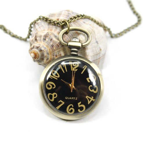 Pocket Watch Pendant - Black Dial Rotundity Pattern Case Antique Style Delicate - Click Image to Close