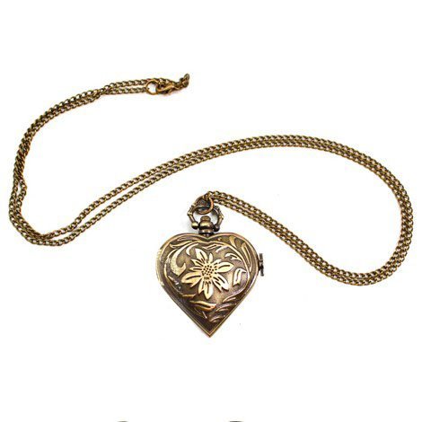 Pocket Watch Pendant - Flower Carving Design with Heart-Shape Flip Cover Antique - Click Image to Close