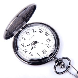 Pocket Watch Quartz Movement Black Case White Dial Arabic Numerals with Chain Fu - Click Image to Close