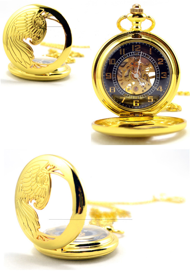 Golden Brass Skeleton Pocket Watch Chain Mechanical Hand Wind Half Hunter Steamp - Click Image to Close