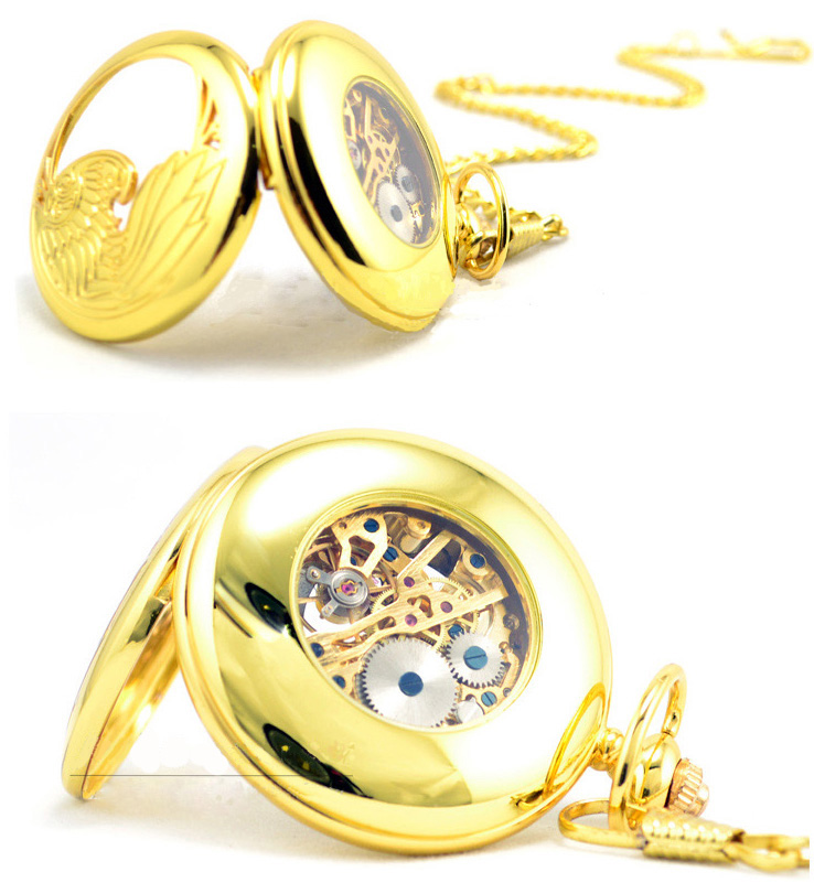 Golden Brass Skeleton Pocket Watch Chain Mechanical Hand Wind Half Hunter Steamp - Click Image to Close