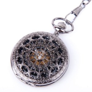 Skeleton Pocket Watch Chain Mechanical Hand Wind Half Hunter Antique Look Value - Click Image to Close