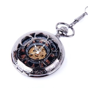 Skeleton Black Pocket Watch Chain Mechanical Hand Wind Half Hunter Vintage Look - Click Image to Close