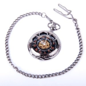Skeleton Black Pocket Watch Chain Mechanical Hand Wind Half Hunter Vintage Look - Click Image to Close